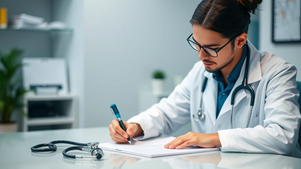 Doctor in white coat writing medical documentation at desk with stethoscope nearby, calm clinical office setting with soft li