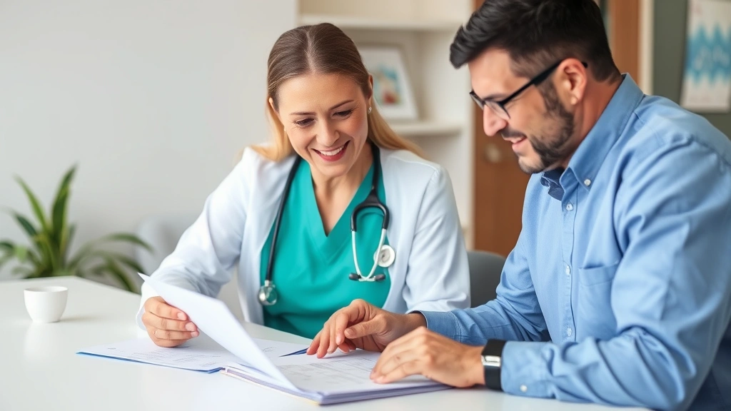 Healthcare professional and patient discussing documents at table, both looking at paperwork, warm supportive interaction, pr