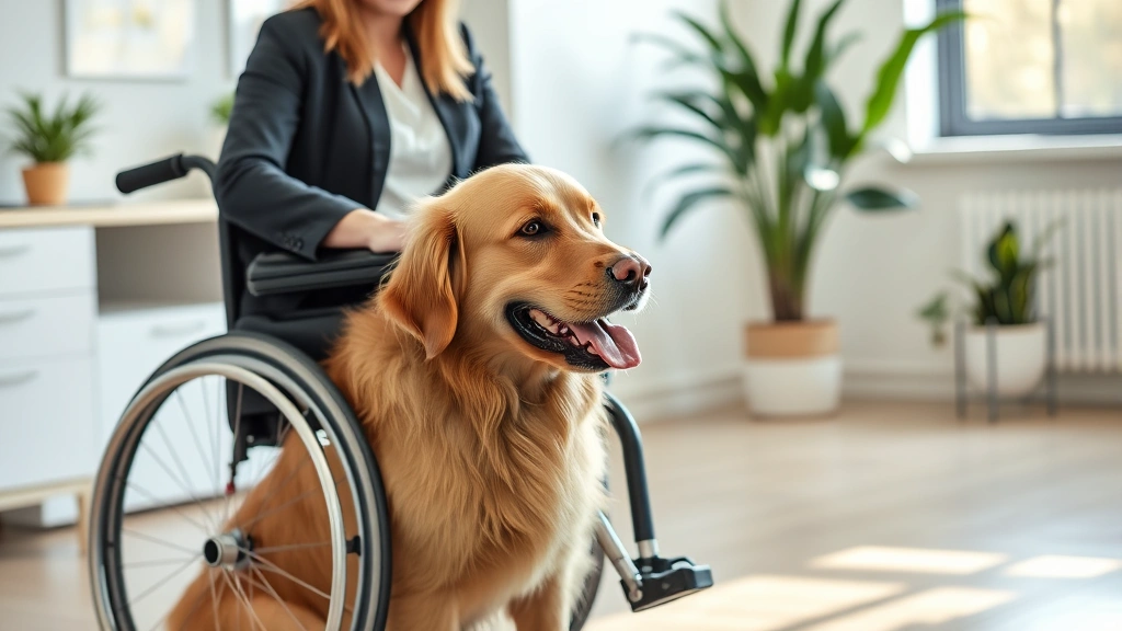 Woman in wheelchair with golden retriever service dog in professional office setting, calm supportive atmosphere, natural lig