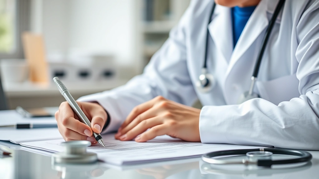 Close-up of healthcare provider writing medical documentation at desk with stethoscope visible, professional medical environm