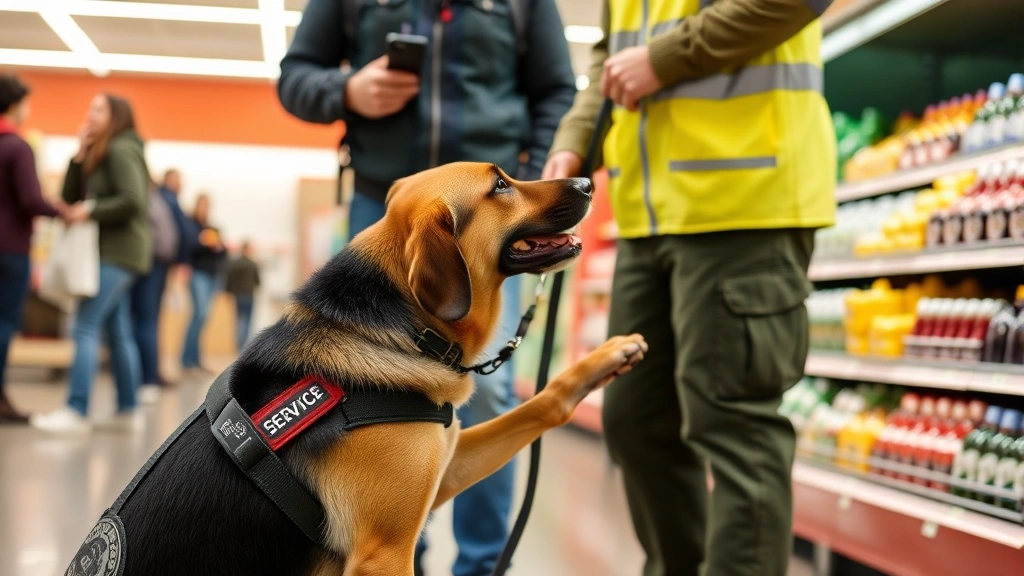 Service dog performing task alert to handler in public setting like grocery store, demonstrating trained behavior and bond be