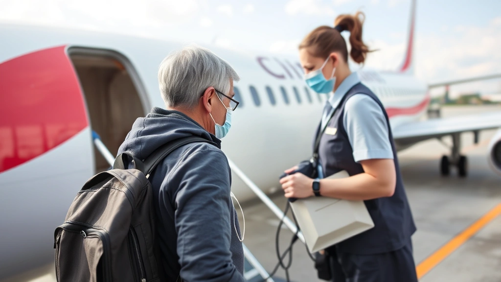 Passenger with portable oxygen concentrator boarding commercial airplane at airport gate with flight attendant assistance