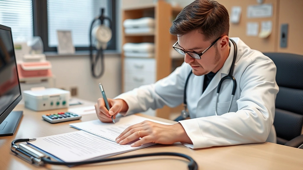 Doctor writing medical documentation at desk with stethoscope respiratory equipment visible in clinic office