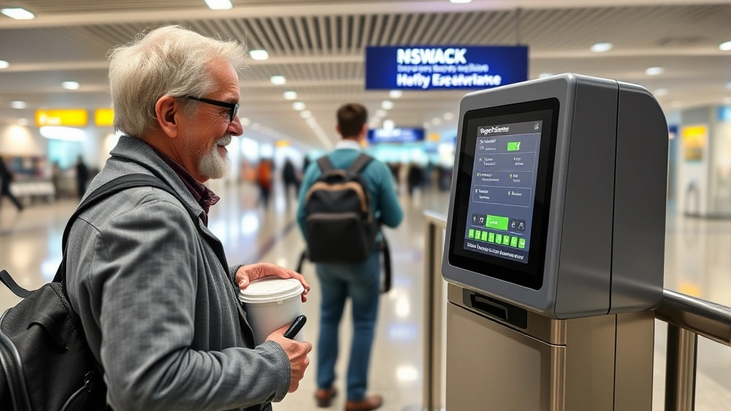Traveler checking portable oxygen concentrator battery level at airport terminal charging station before boarding flight