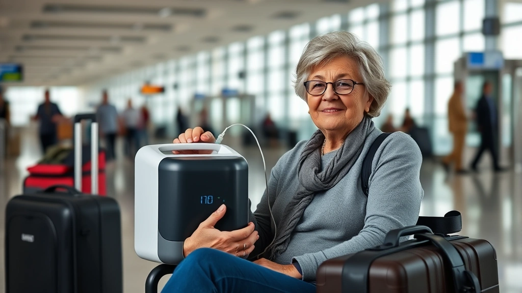 Middle-aged woman holding portable oxygen concentrator sitting in airport terminal with luggage, natural lighting, calm expre