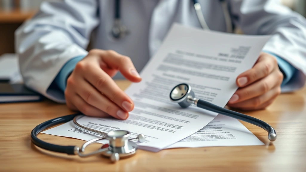 Close-up of hands holding official medical letter with stethoscope on desk, doctor office background blurred, professional do