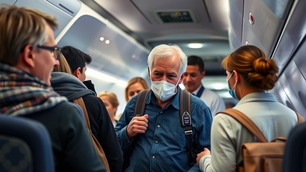 Diverse passengers boarding airplane through jet bridge, one elderly man with portable oxygen concentrator, flight attendant