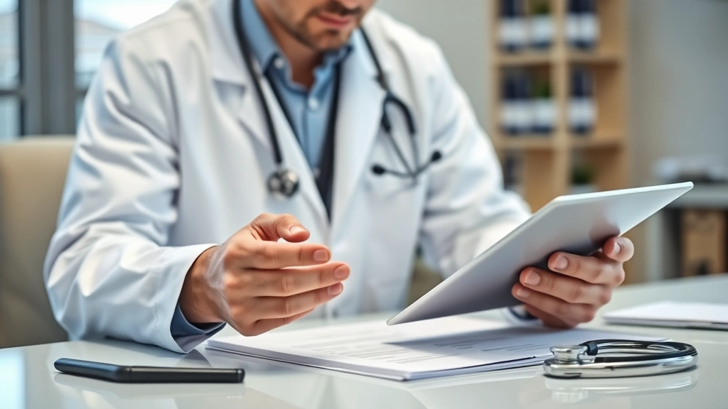 Doctor in white coat reviewing medical documents at desk with stethoscope and tablet, professional healthcare setting with so