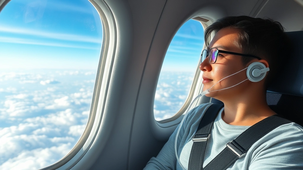 Passenger with oxygen cannula sitting in airplane window seat looking out at clouds, calm peaceful expression during flight