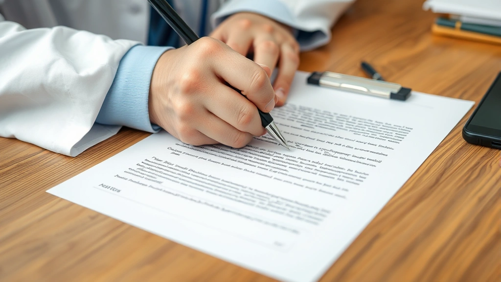 Close up of physician signing medical document with official letterhead visible, hands holding pen over paper on wooden desk
