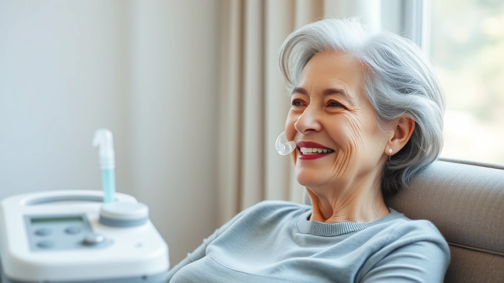Mature woman with gray hair smiling while wearing clear nasal cannula, sitting in comfortable chair with oxygen concentrator