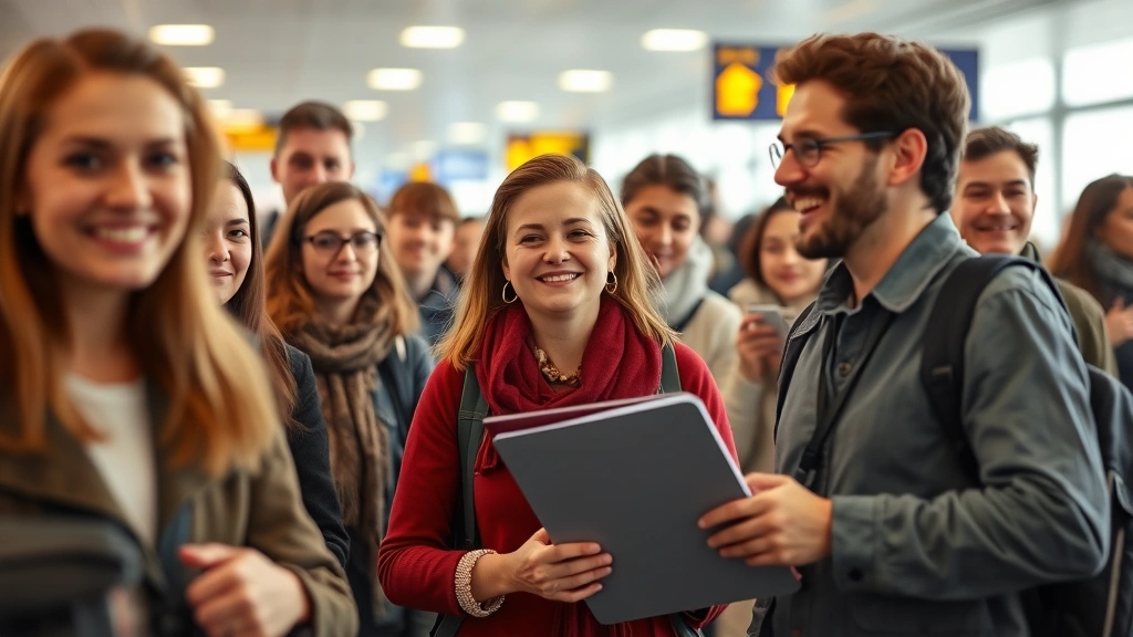 Diverse group of travelers at airport gate, one person holding medical documentation folder, boarding pass visible, warm ligh
