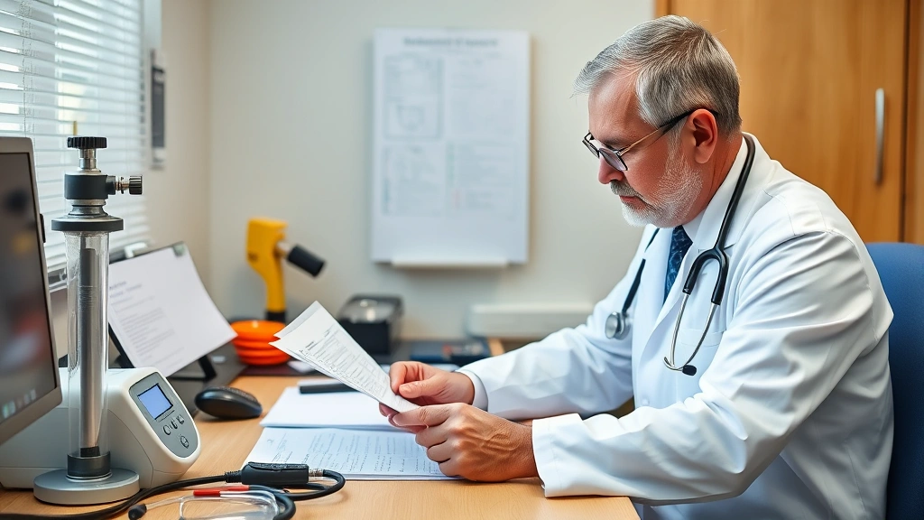 Doctor reviewing medical records and oxygen equipment specifications at desk with stethoscope