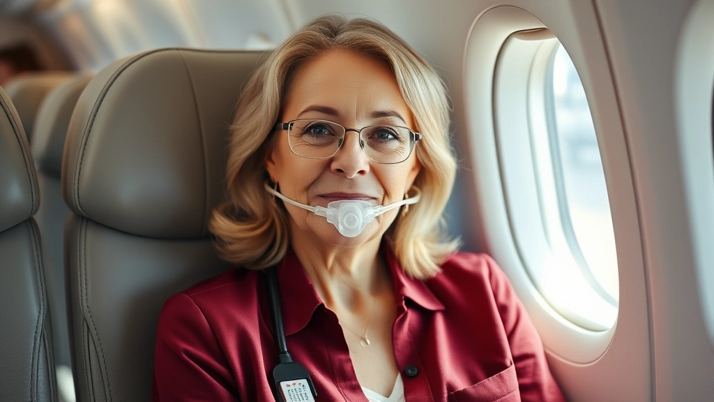 Professional middle-aged woman with oxygen nasal cannula sitting in airplane window seat, calm relaxed expression, natural da