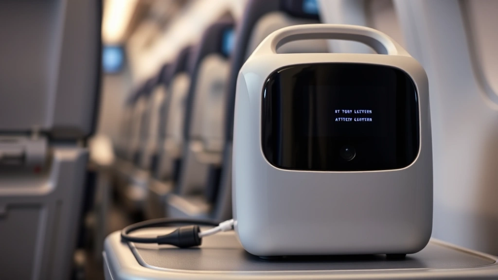 Close-up of portable oxygen concentrator device on airplane armrest table, modern sleek design, battery indicator visible, ca