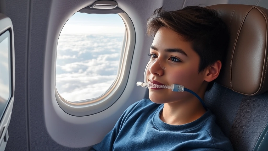Student sitting in airplane seat with nasal cannula receiving oxygen from airline system, calm expression, window view of clo
