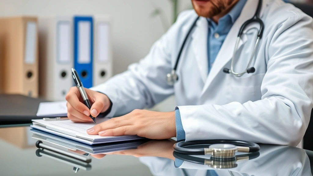 Doctor in white coat writing medical documentation at desk with stethoscope and patient file visible, professional office set