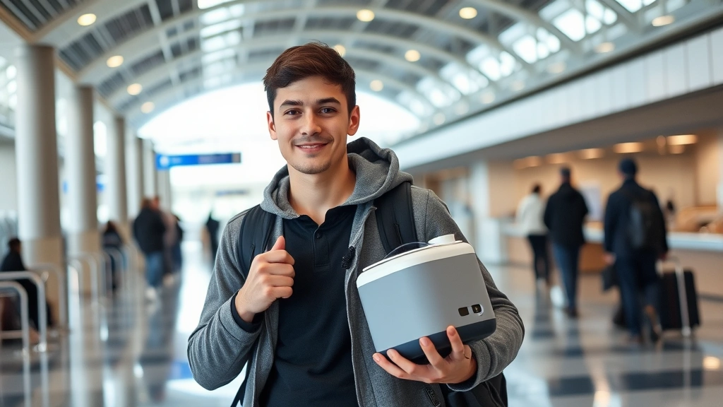 Young person holding portable oxygen concentrator with battery pack in airport terminal, confident posture, modern airport ba