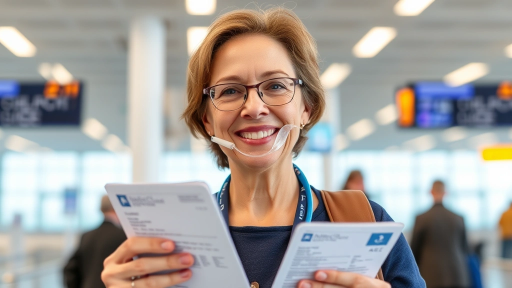 Mature woman with oxygen cannula smiling during airport security screening holding valid medical documentation