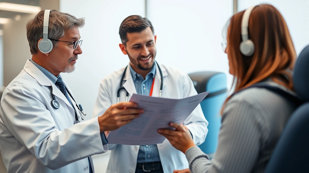 Doctor in white coat reviewing medical chart with patient discussing portable oxygen concentrator specifications and airline