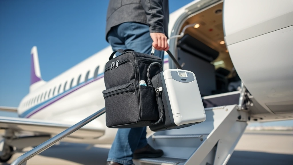 Passenger boarding aircraft with portable oxygen concentrator in carry-on bag, professional medical travel setup