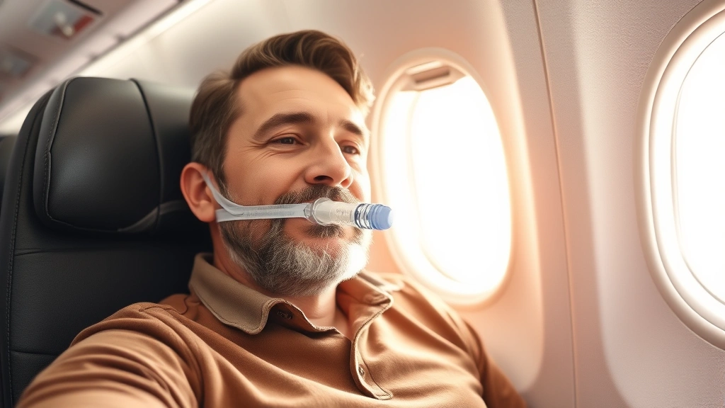 Adult passenger sitting in airplane seat wearing oxygen nasal cannula, calm expression, natural cabin lighting, peaceful trav