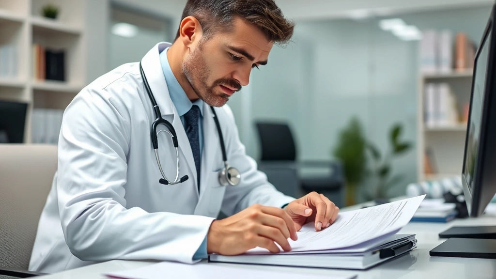 Doctor in white coat reviewing medical documents at desk, stethoscope visible, professional healthcare office environment, fo