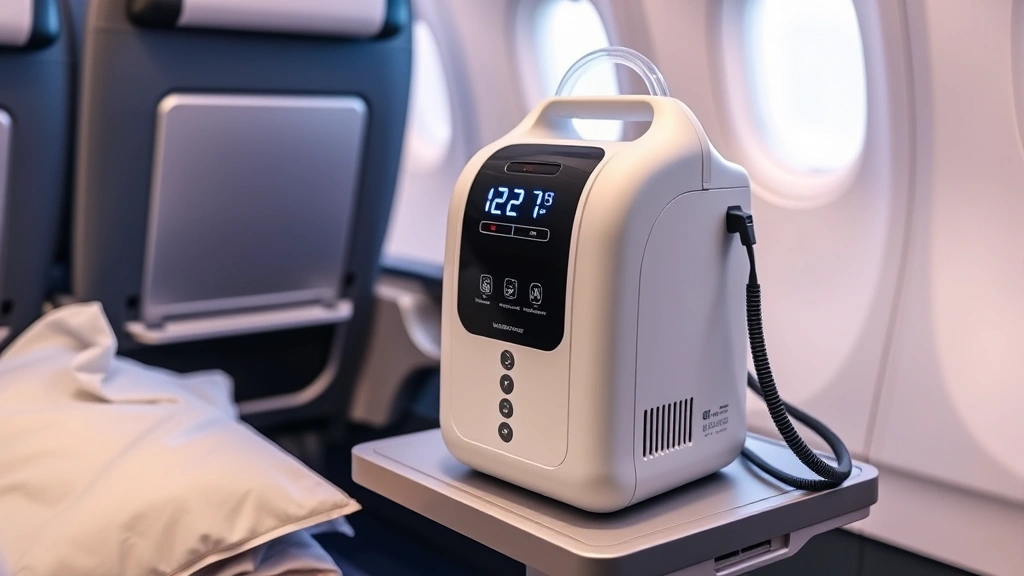Portable oxygen concentrator device on airplane seat table, modern medical equipment, cabin background, travel-ready setup