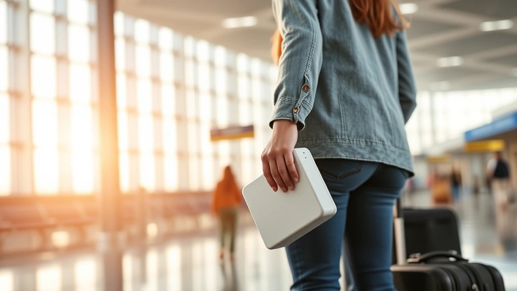 Passenger holding portable oxygen concentrator in airport terminal with luggage, calm and prepared for travel