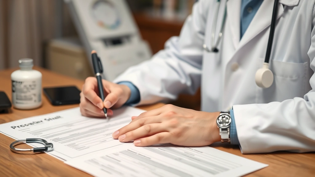 Doctor writing prescription at desk with stethoscope and medical documents for oxygen therapy patient