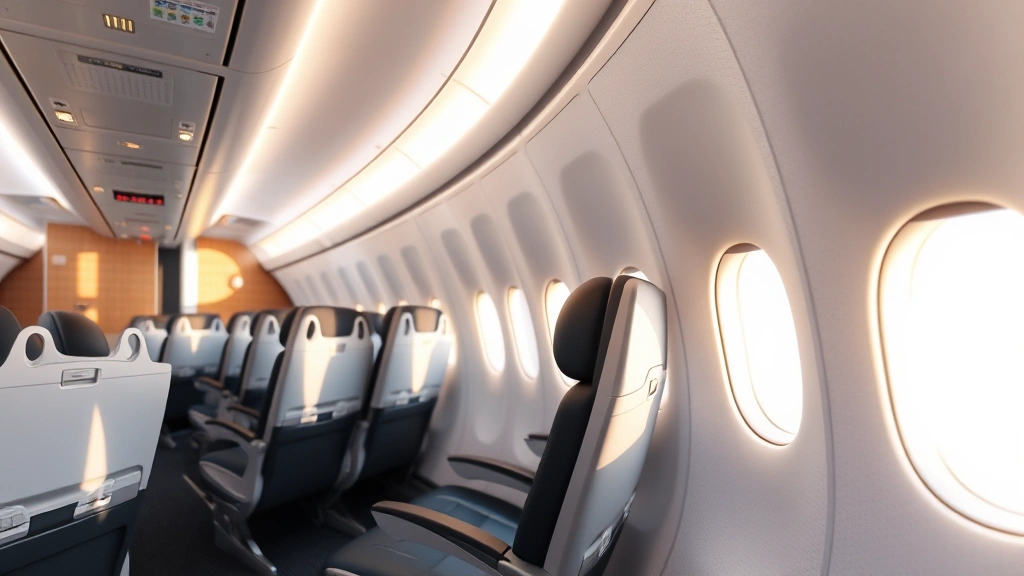 Commercial airplane cabin interior with comfortable seating and window view during flight