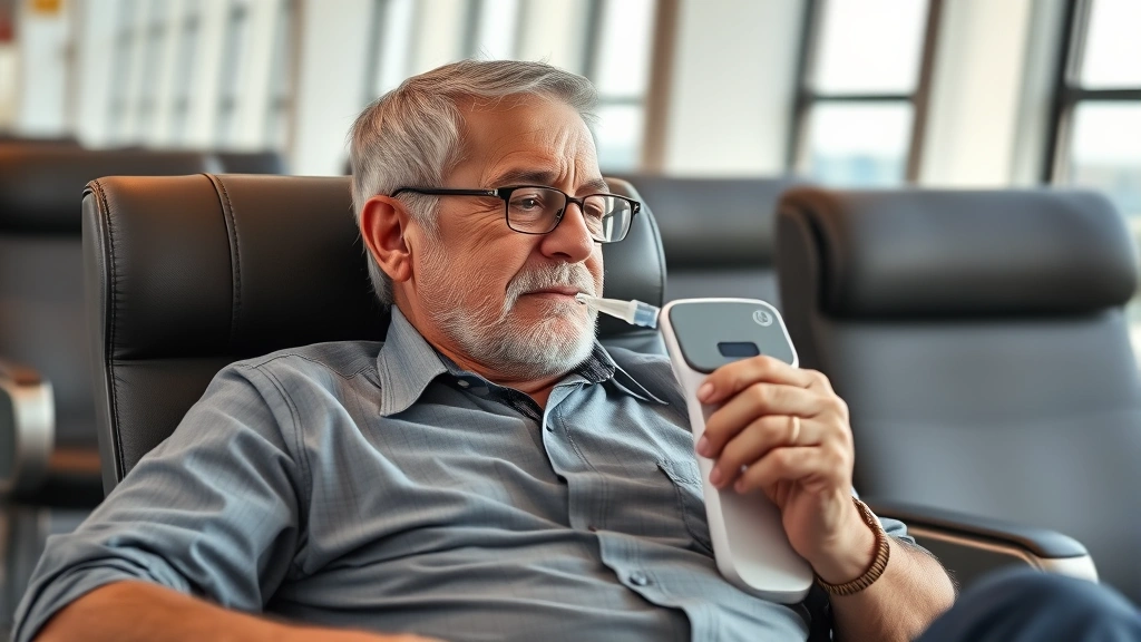 Senior man with gray hair using portable oxygen concentrator while sitting in airport lounge chair, calm and prepared for fli