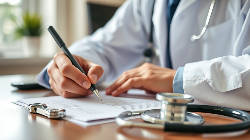 Close-up of doctor writing medical documentation at desk with stethoscope nearby, professional healthcare office setting, nat