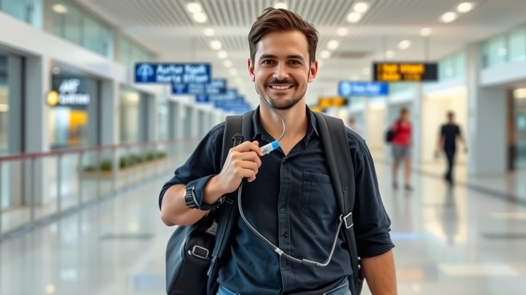 Passenger holding oxygen device walking through airport terminal corridor, confident posture, modern airport environment with