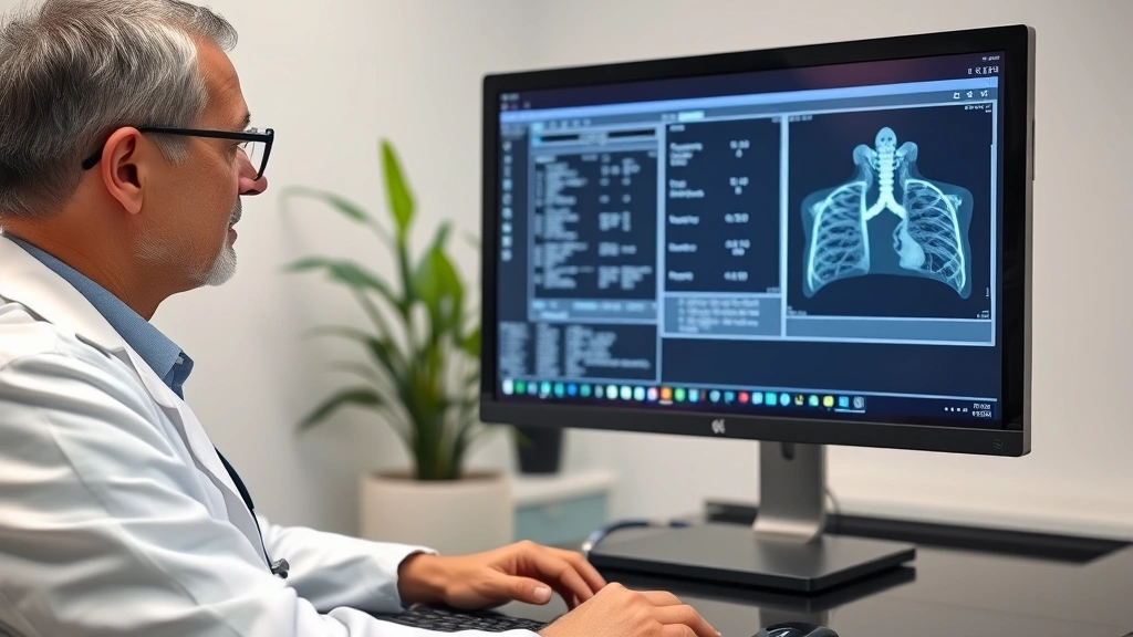 A respiratory physician in white coat reviewing pulmonary function test results on computer screen in modern clinic office