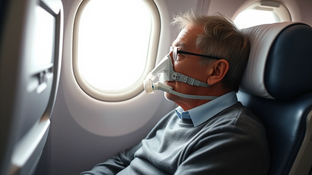 A middle-aged patient wearing a nasal cannula sitting comfortably in an airplane seat looking out the window