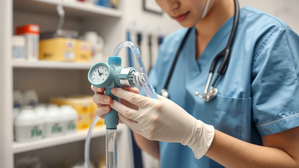 A nurse preparing supplemental oxygen equipment with flow meter and nasal cannula in hospital medical supply room