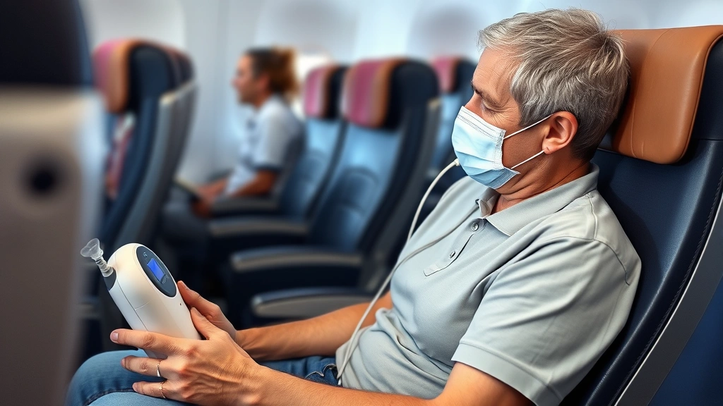 Passenger in airplane seat using portable oxygen concentrator during flight medical travel