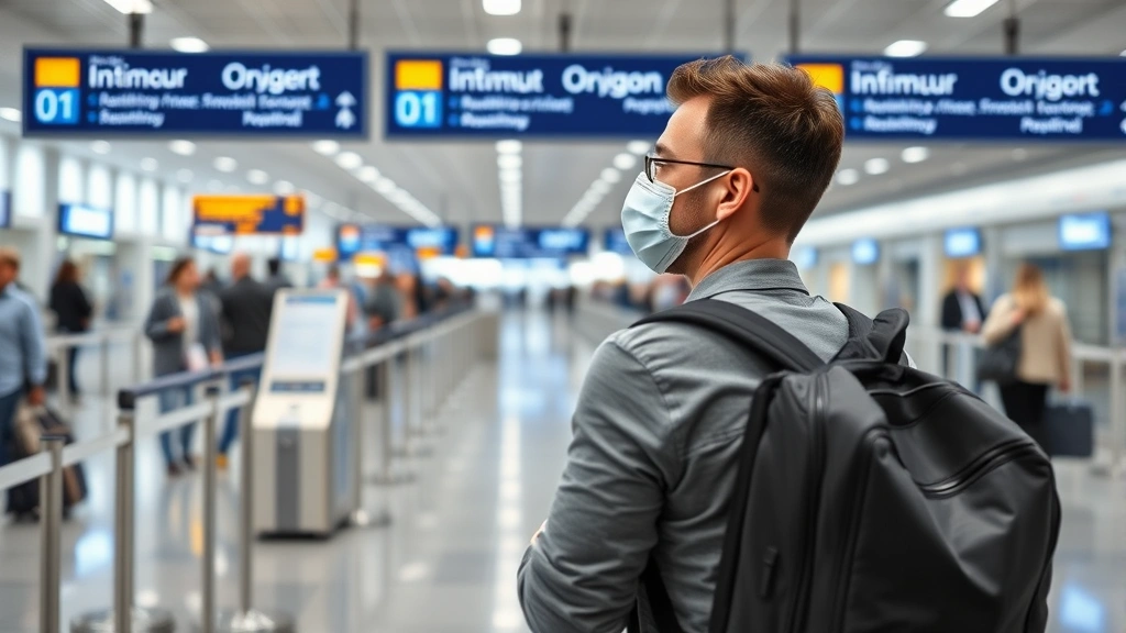 Traveler with portable oxygen equipment at airport terminal security checkpoint area