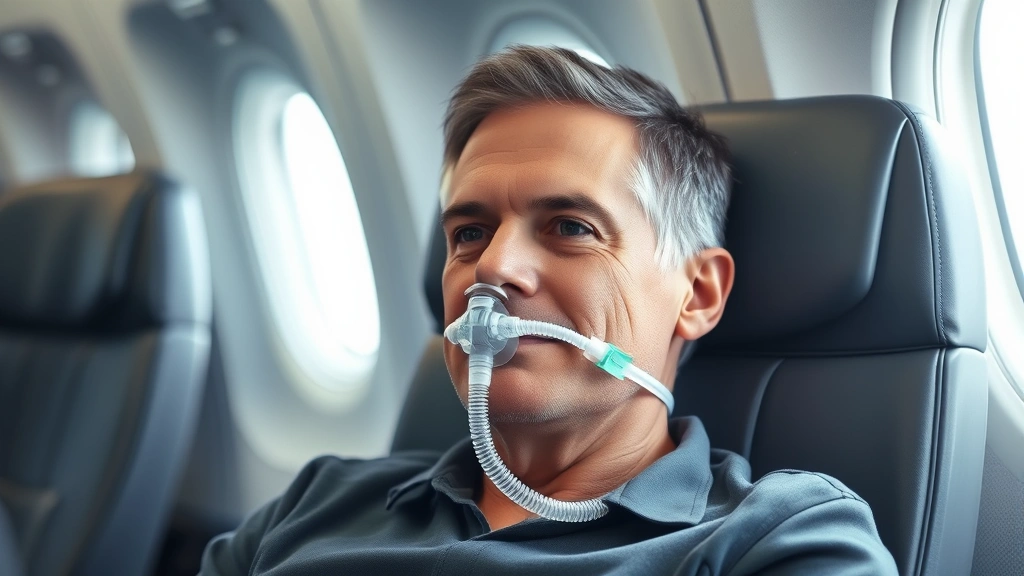 Passenger sitting in airplane seat with oxygen nasal cannula, calm expression, natural window light, realistic medical settin