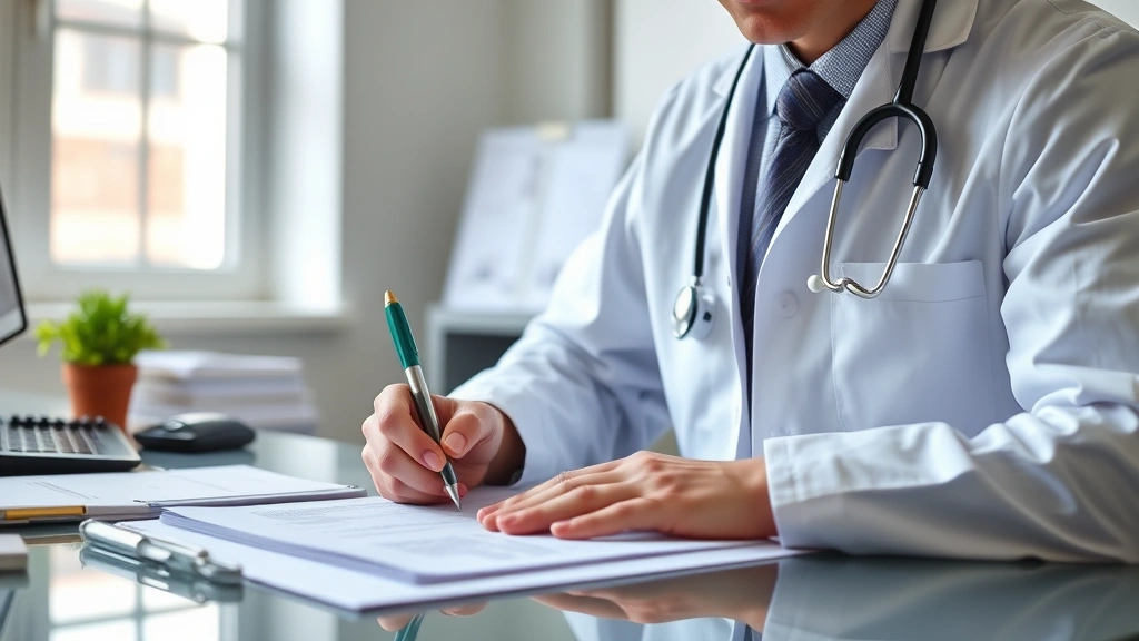 Physician writing medical documentation at desk with stethoscope, focused on paperwork, professional office environment, natu