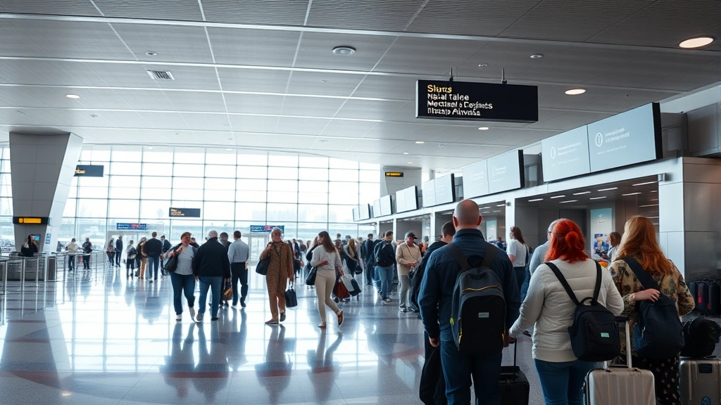 Airport terminal gate area with diverse passengers, medical assistance desk visible, bright modern airport interior, daytime