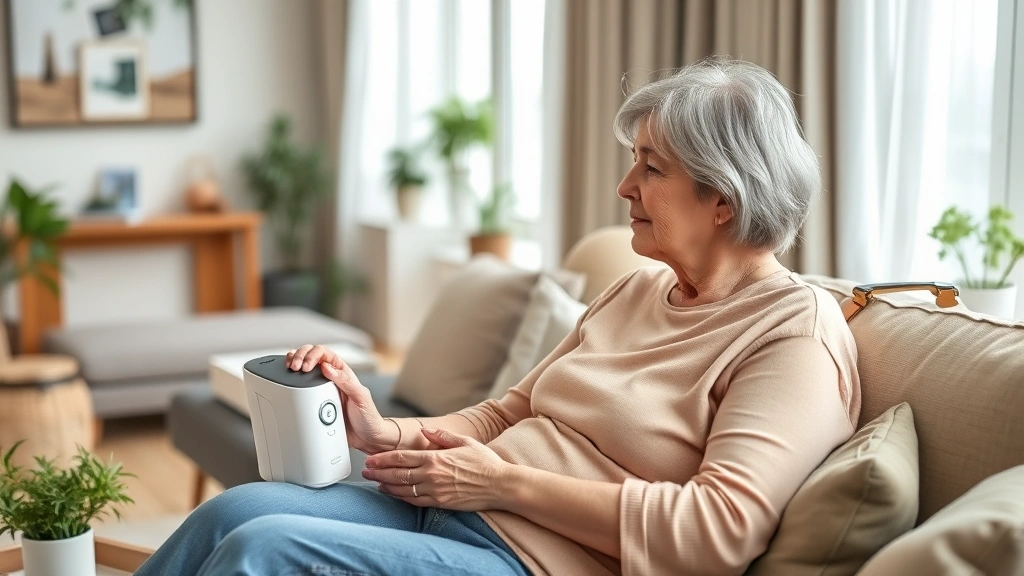 woman using portable oxygen concentrator during daytime relaxation at home comfortable modern living room