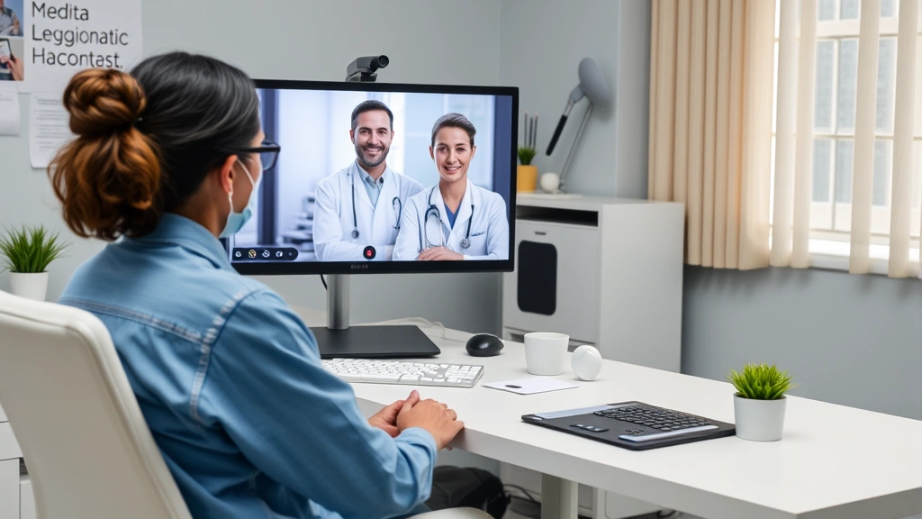 patient sitting in medical office speaking with doctor on computer screen via telehealth video call professional setting