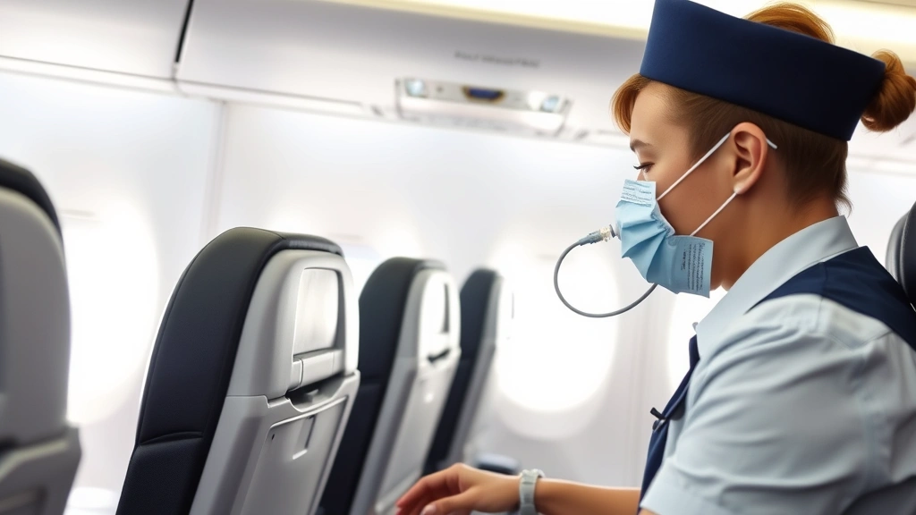 airplane cabin interior with passenger in seat receiving oxygen support from flight attendant safe comfortable environment