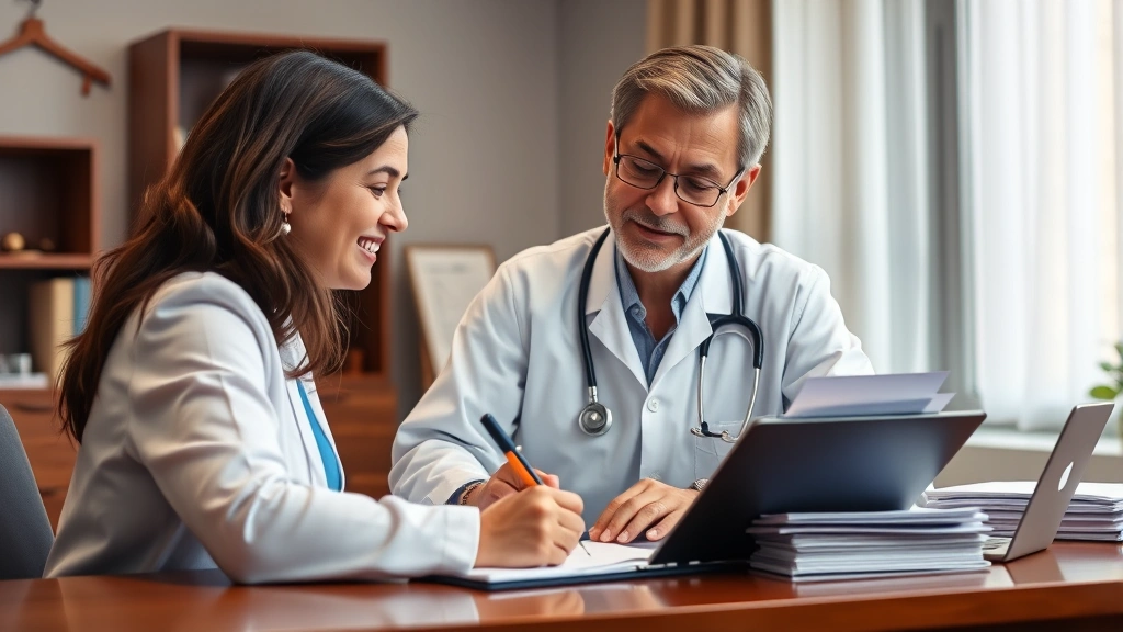 Healthcare provider writing medical documentation at desk with patient file, professional office setting, warm lighting, focu
