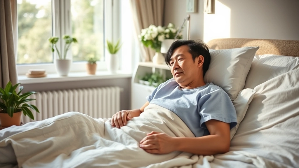 Person resting at home during medical recovery period, comfortable bedroom environment, natural daylight, peaceful and healin