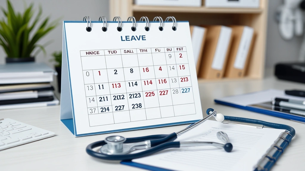 Medical calendar marking leave dates with stethoscope and clipboard nearby, organized workspace, clear scheduling documentati
