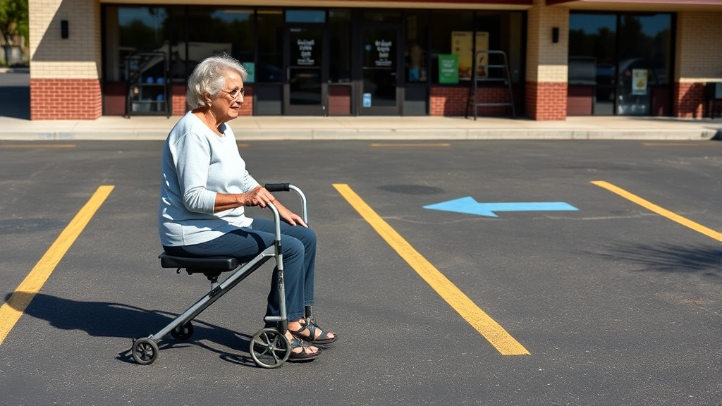 Senior woman with mobility walker sitting in accessible parking space near storefront, sunny outdoor parking lot, realistic p