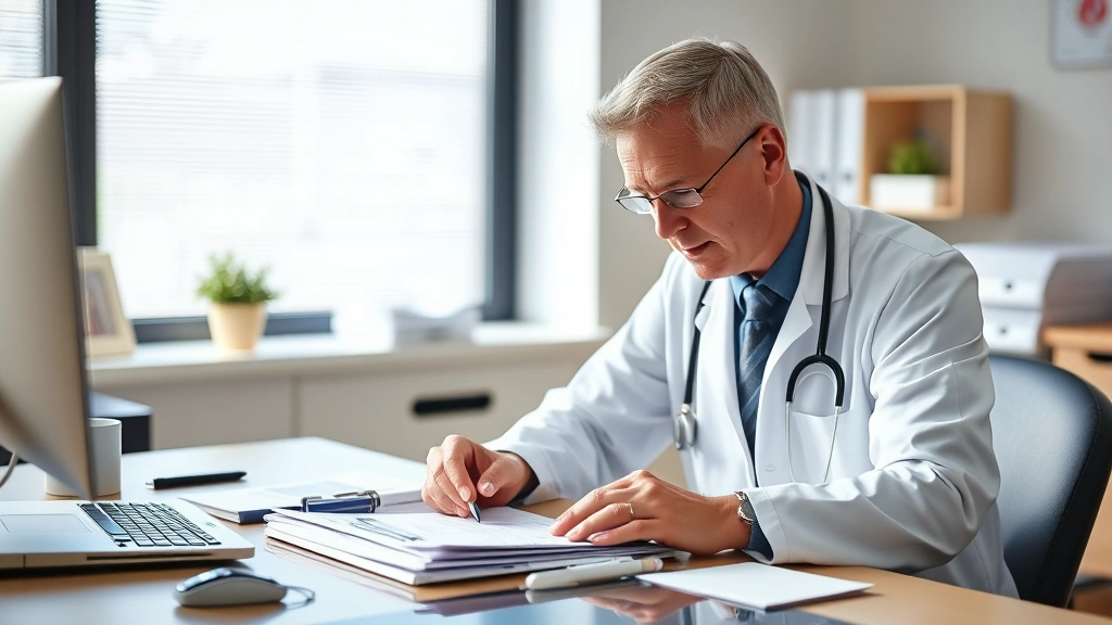 Doctor in white coat reviewing medical documents at desk with patient file, professional healthcare office setting, natural l